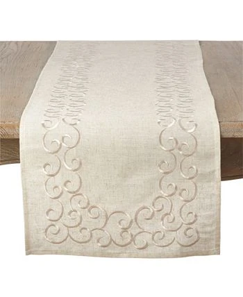 Saro Lifestyle Embroidered Swirl Design Linen Blend Runner - Image 2