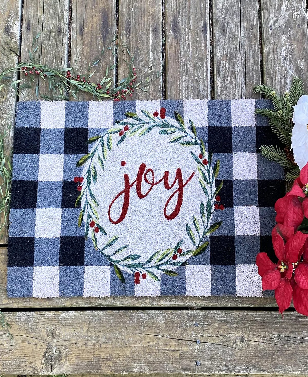Elrene Holiday Joy Wreath With Plaid Coir Doormat - Image 4